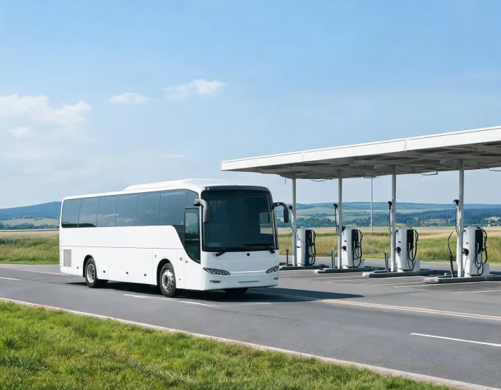 Unbranded electric coach on an intercity route with charging depot